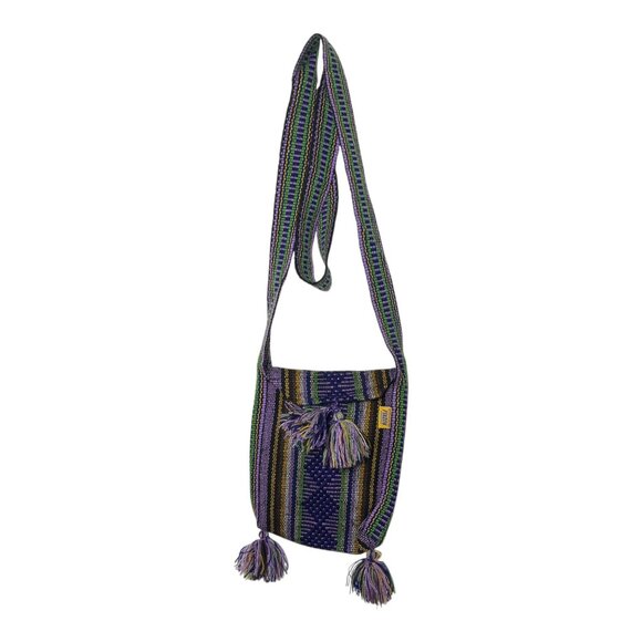 Handwoven Purple Multicolor Cotton Ethnic Crossbody Bag With Tassels Striped Boh - Picture 1 of 4